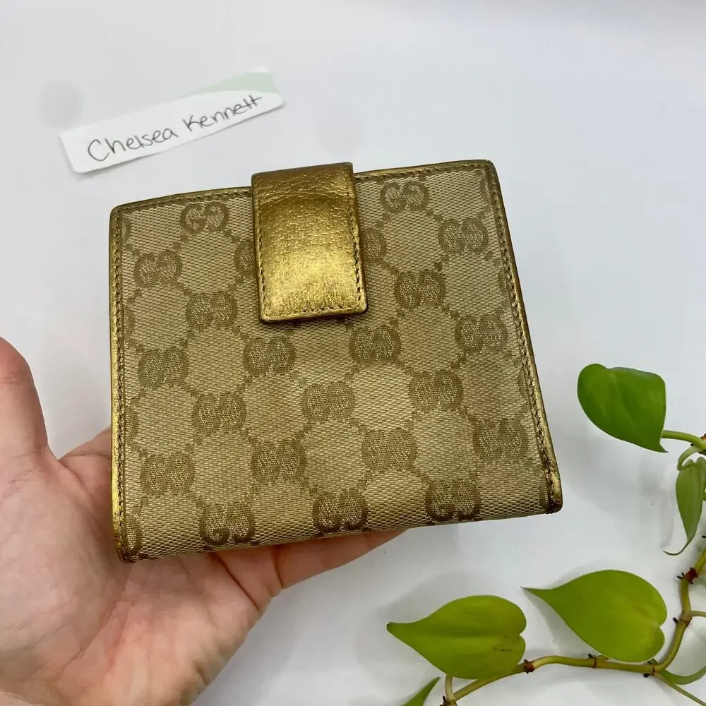 Gucci Gold Bow Beige Brown GG Canvas Leather Compact Square Wallet - Picture 3 of 10